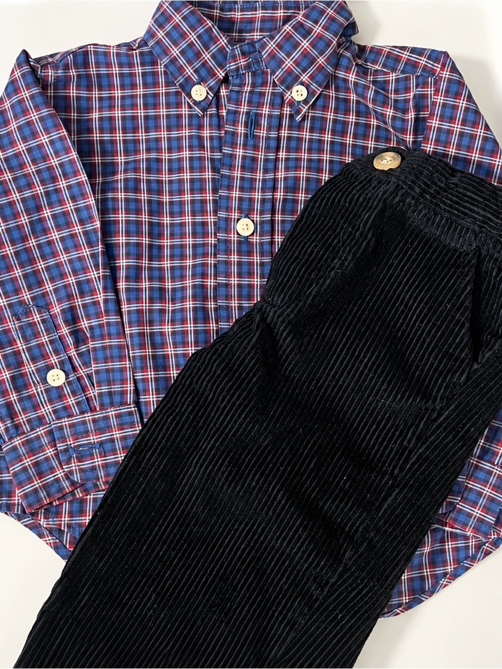 Baby Boy Holiday Outfit: Corduroy Pants and Chaps Button Down Plaid Top